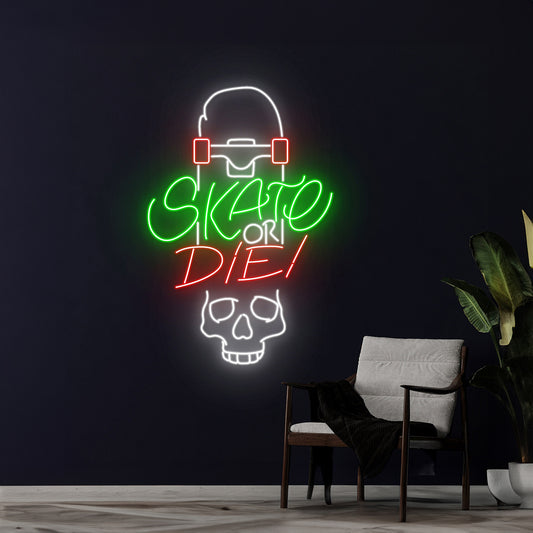 Skate Or Die Skateboarding Skull Neon Sign