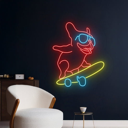 Skateboard French Bulldog Led Sign Skateboard Player Neon Light