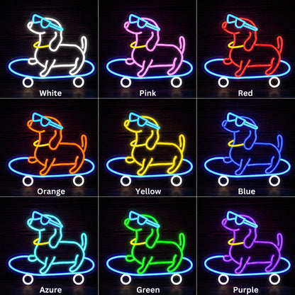 Skateboarding Dachshund LED Neon Sign day and night comparison