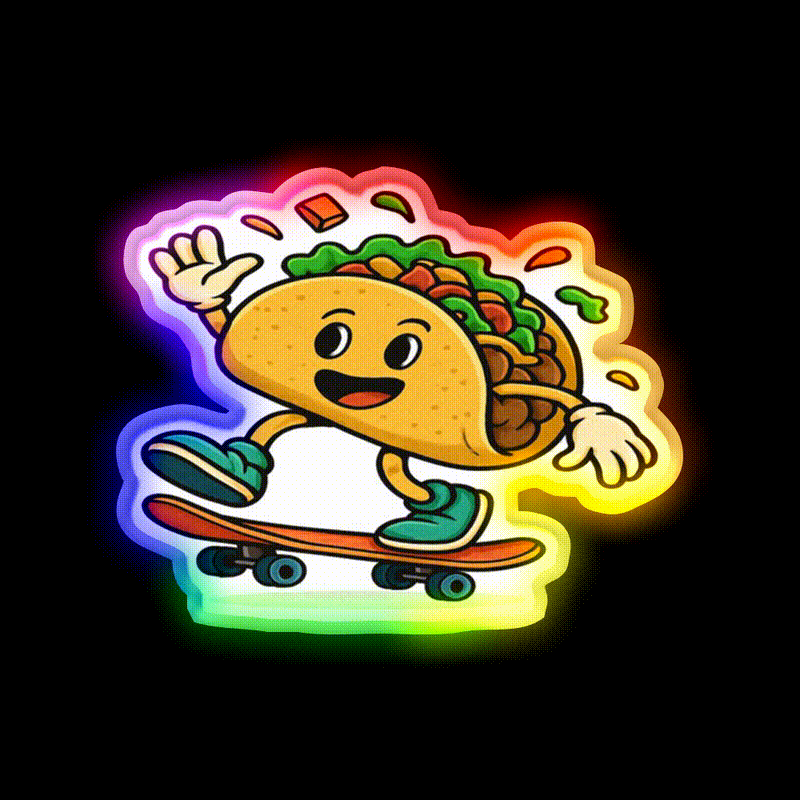 Skateboarding Taco Led Neon Sign Mexican Food Sign Rgb Color - LED neon sign close-up detail