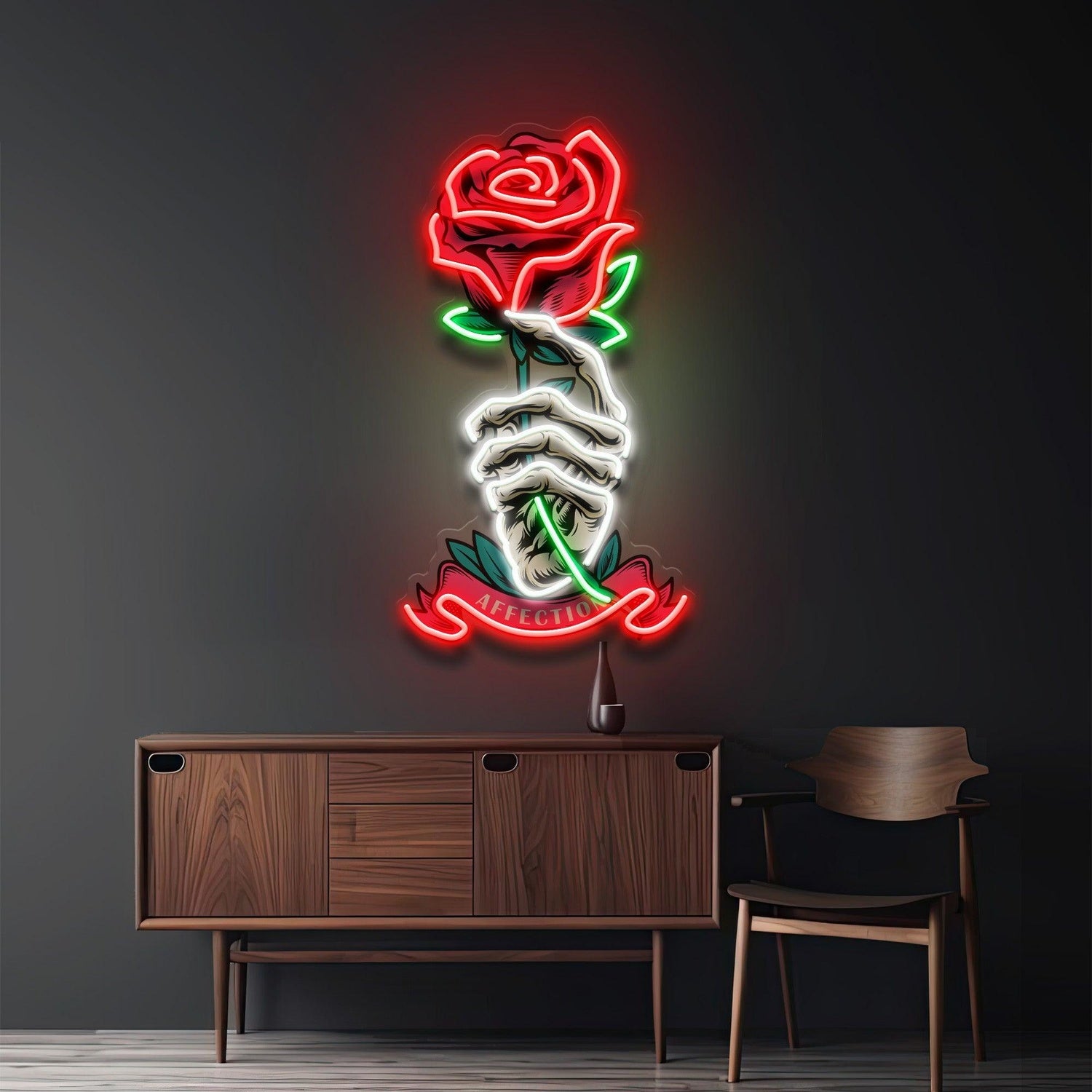 Skeleton Hand Rose Affection Uv Printed Led Neon Sign For Artistic Indoor Decor | Shineneon