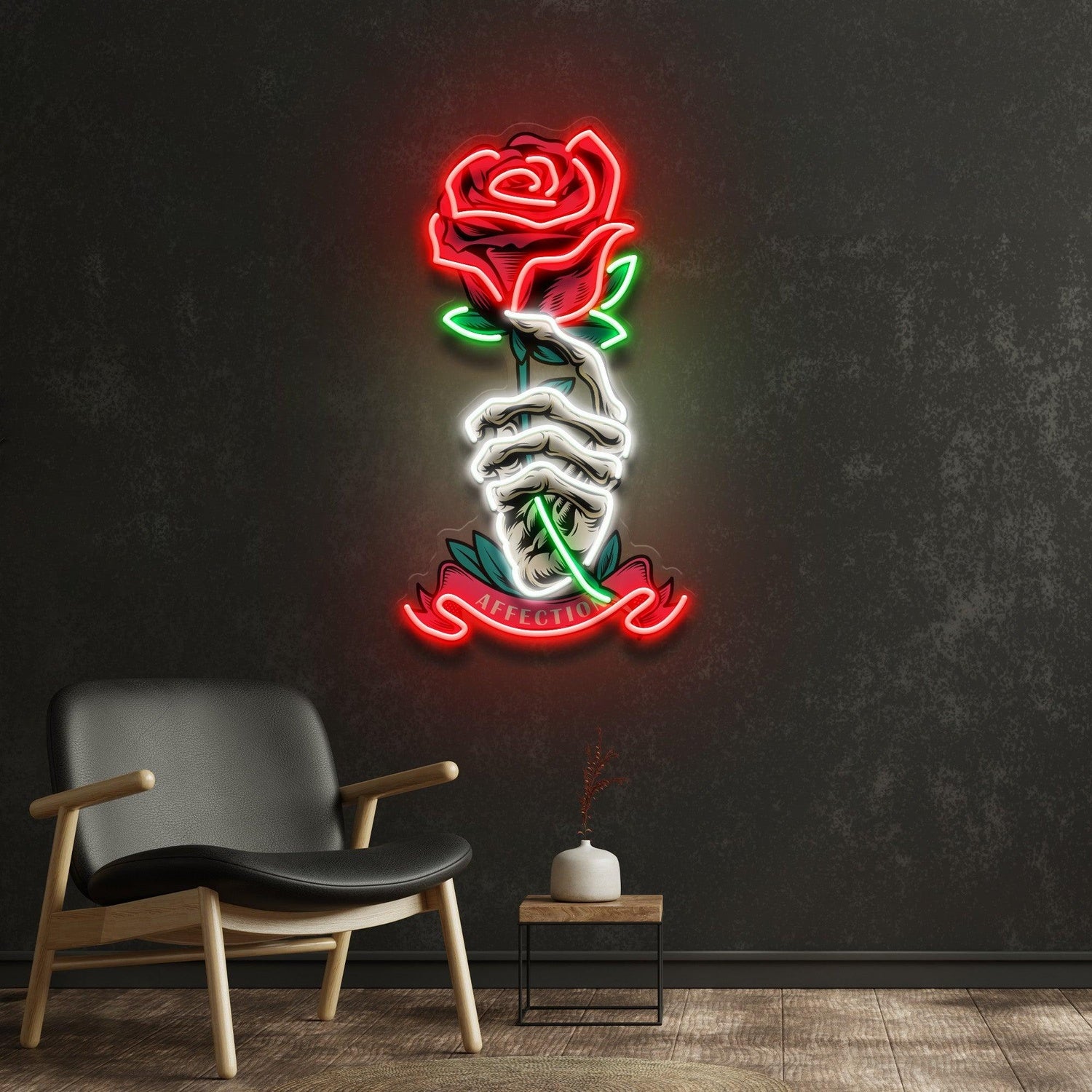 Skeleton Hand Rose Affection Uv Printed Led Neon Sign For Artistic Indoor Decor | Shineneon