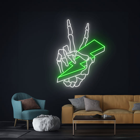 Skeleton Peace Hand Lighting Bolt Neon Sign