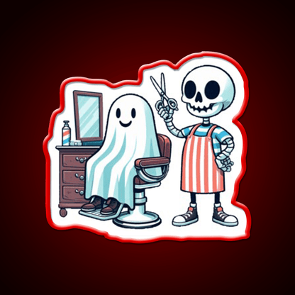 Skeleton Skull Barber With A Ghostly Client Barber Shop Haircut Led Neon Sign - Shineneon