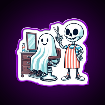 Skeleton Skull Barber With A Ghostly Client Barber Shop Haircut Led Neon Sign - Shineneon