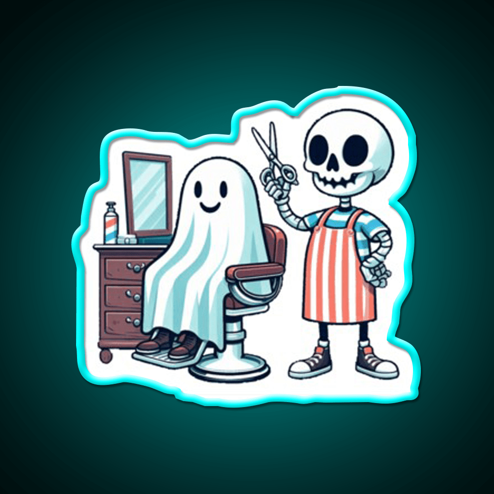 Skeleton Skull Barber With A Ghostly Client Barber Shop Haircut Led Neon Sign - Shineneon
