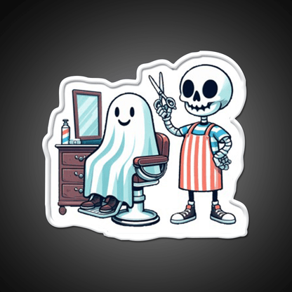 Skeleton Skull Barber With A Ghostly Client Barber Shop Haircut Led Neon Sign - Shineneon