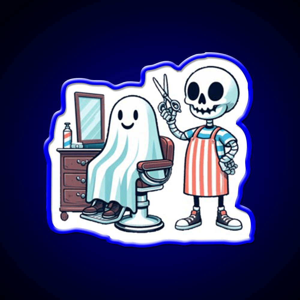 Skeleton Skull Barber With A Ghostly Client Barber Shop Haircut Led Neon Sign - Shineneon