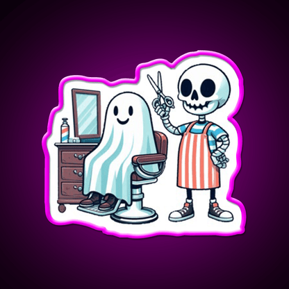 Skeleton Skull Barber With A Ghostly Client Barber Shop Haircut Led Neon Sign - Shineneon