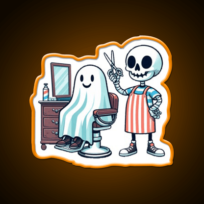 Skeleton Skull Barber With A Ghostly Client Barber Shop Haircut Led Neon Sign - Shineneon