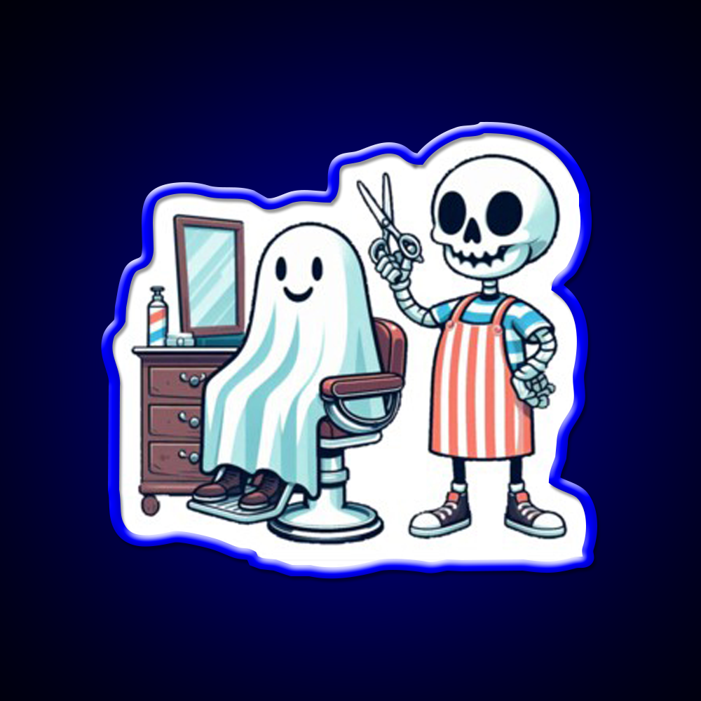 Skeleton Skull Barber With A Ghostly Client Barber Shop Haircut Led Neon Sign