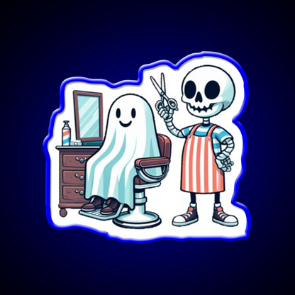 Skeleton Skull Barber With A Ghostly Client Barber Shop Haircut Led Neon Sign