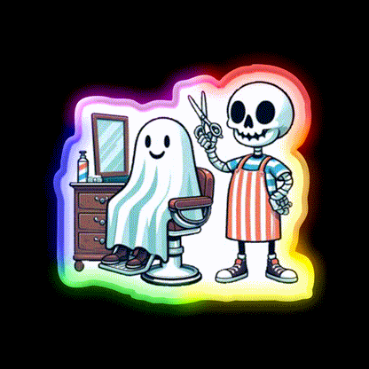 Skeleton Skull Barber With A Ghostly Client Barber Shop Haircut Led Neon Sign