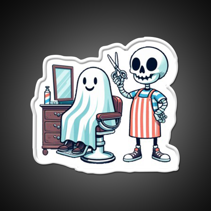 Skeleton Skull Barber With A Ghostly Client Barber Shop Haircut Led Neon Sign