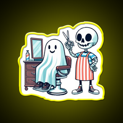 Skeleton Skull Barber With A Ghostly Client Barber Shop Haircut Led Neon Sign