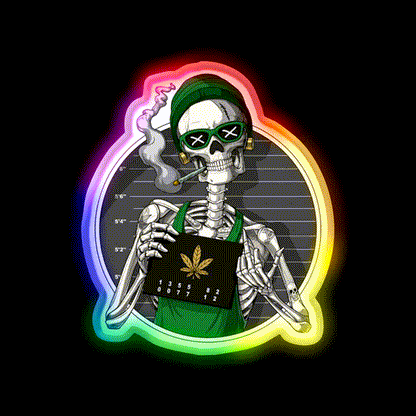 Skeleton Stoner Mugshot Hemp Inspired Green Leaf Led Neon Sign Rgb Color - LED neon sign close-up detail