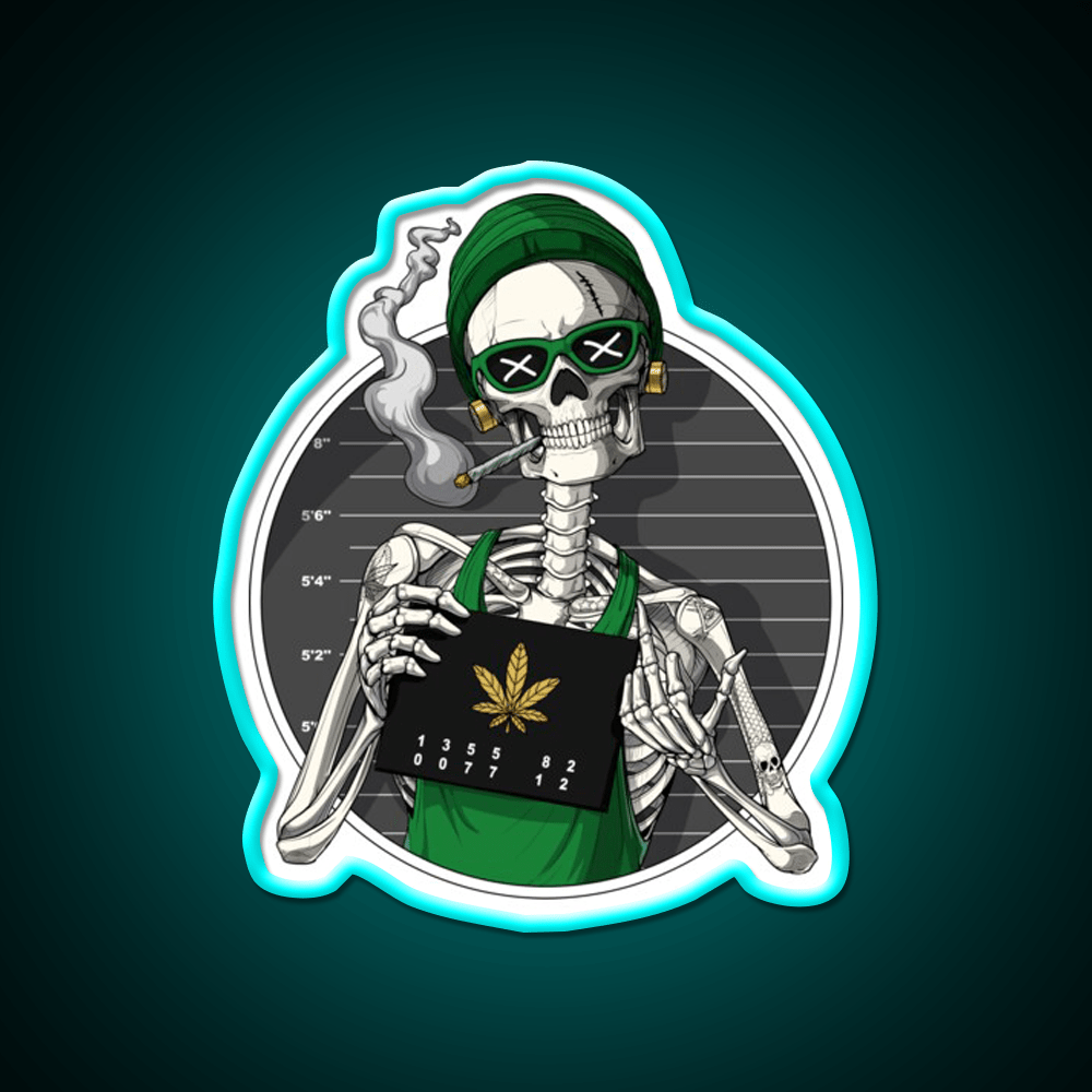 Skeleton Stoner Mugshot Hemp Inspired Green Leaf Led Neon Sign Rgb Color - Shineneon