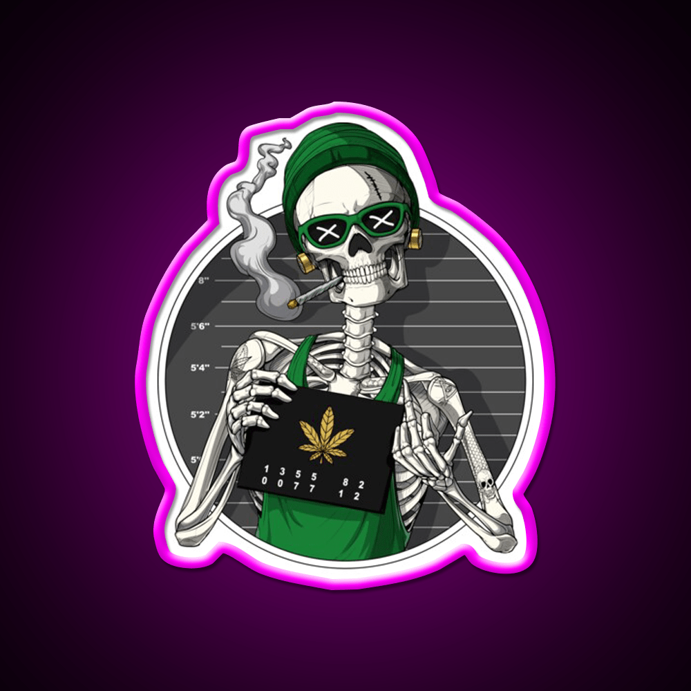 Skeleton Stoner Mugshot Hemp Inspired Green Leaf Led Neon Sign Rgb Color - Shineneon