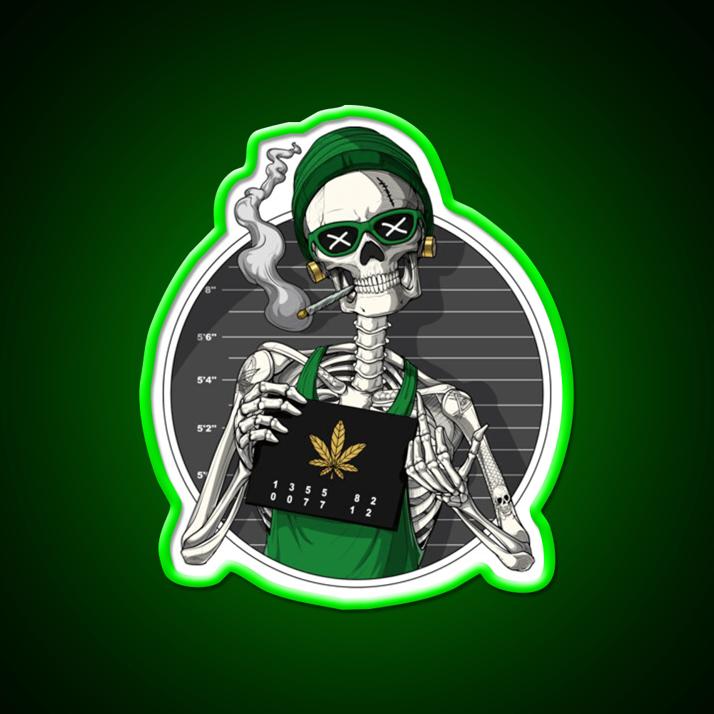 Skeleton Stoner Mugshot Hemp Inspired Green Leaf Led Neon Sign Rgb Color - Shineneon