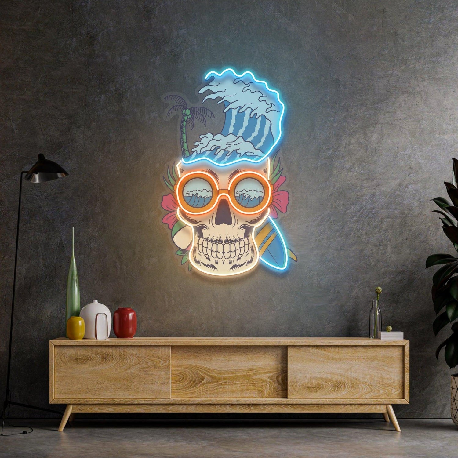 Skull Beach Surf Wave Uv Printed Led Neon Sign For Indoor Wall Decor | Shineneon