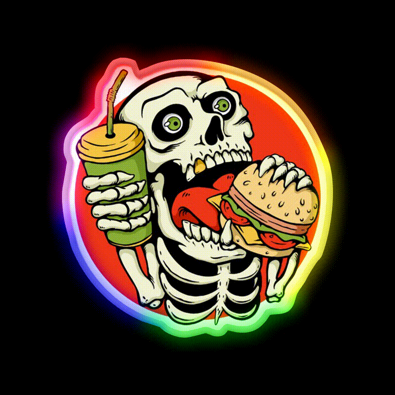 Skull Eating Burger Illustration Fast Food Led Neon Sign For Burger Place Rgb Color - LED neon sign close-up detail
