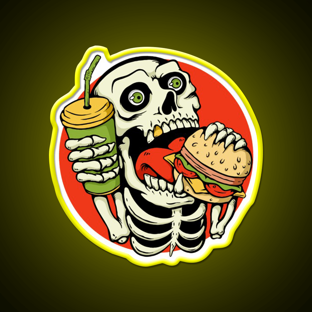 Skull Eating Burger Illustration Fast Food Led Neon Sign For Burger Place Rgb Color - Shineneon