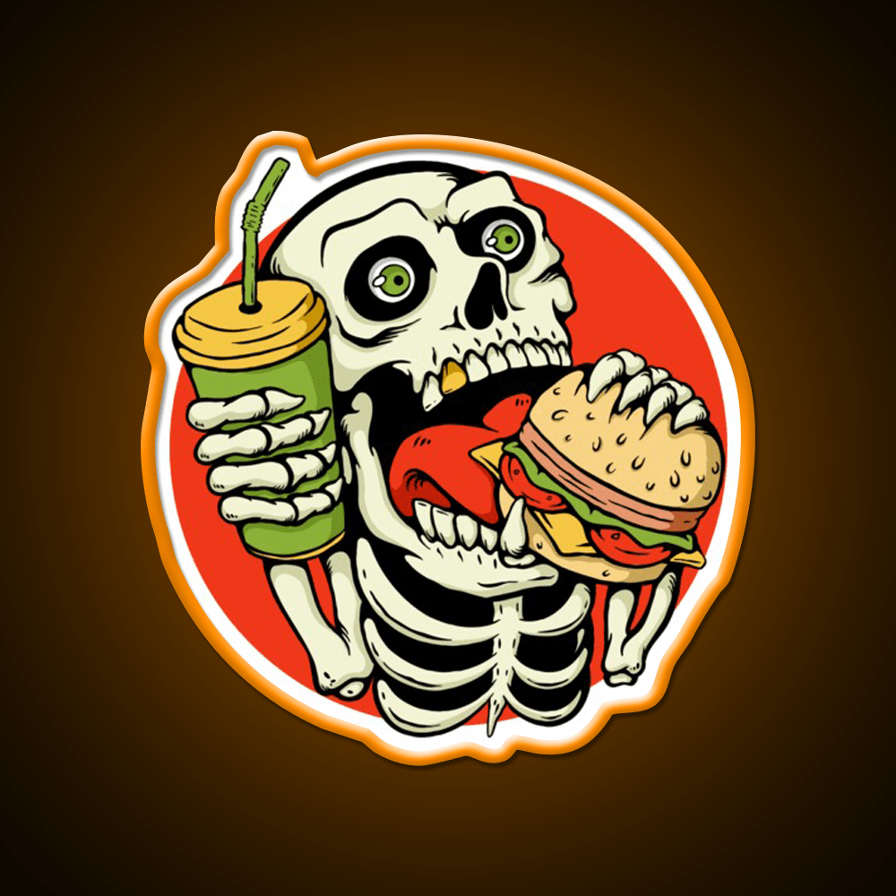 Skull Eating Burger Illustration Fast Food Led Neon Sign For Burger Place Rgb Color - Shineneon