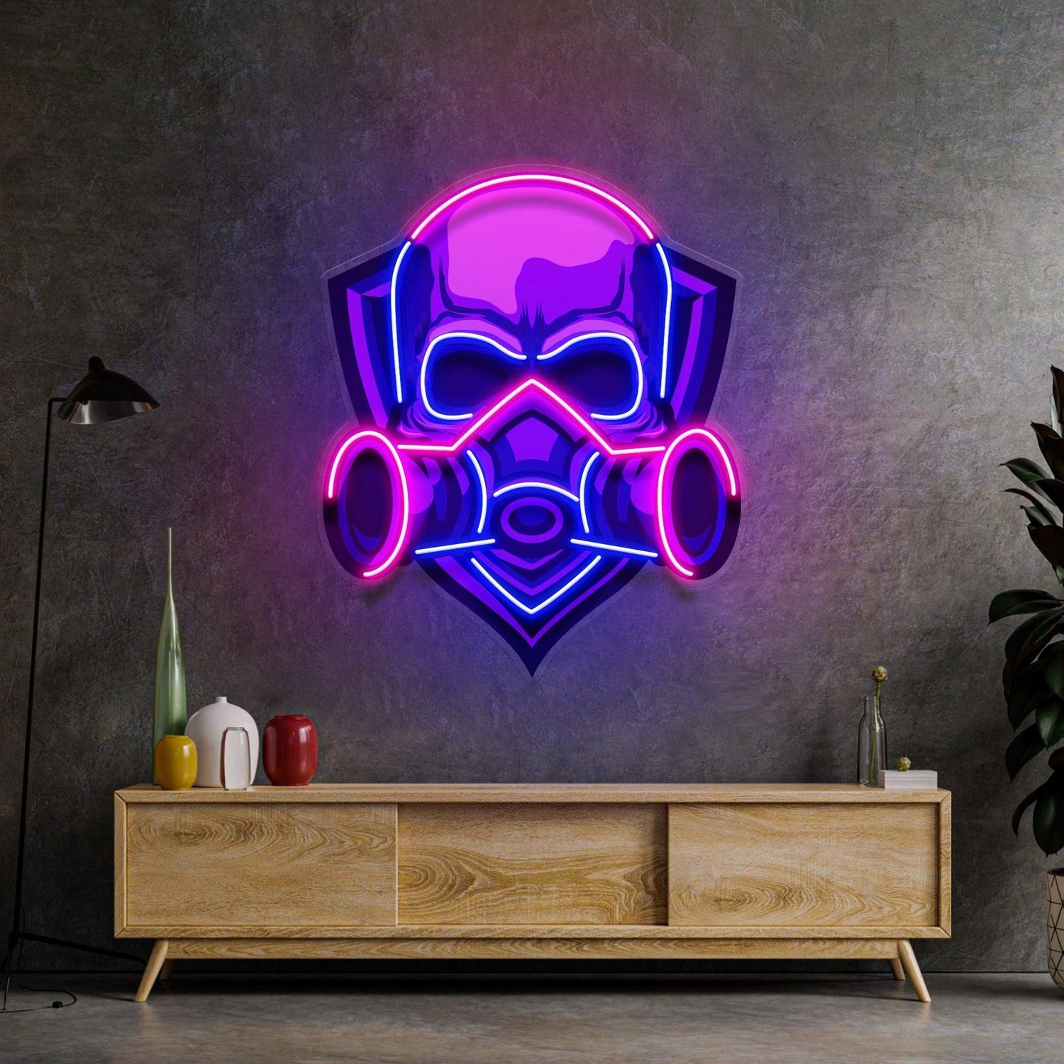 Skull Gas Mask Cyberpunk Blue Pink Uv Printed Led Neon Sign For Indoor Wall Art | Shineneon