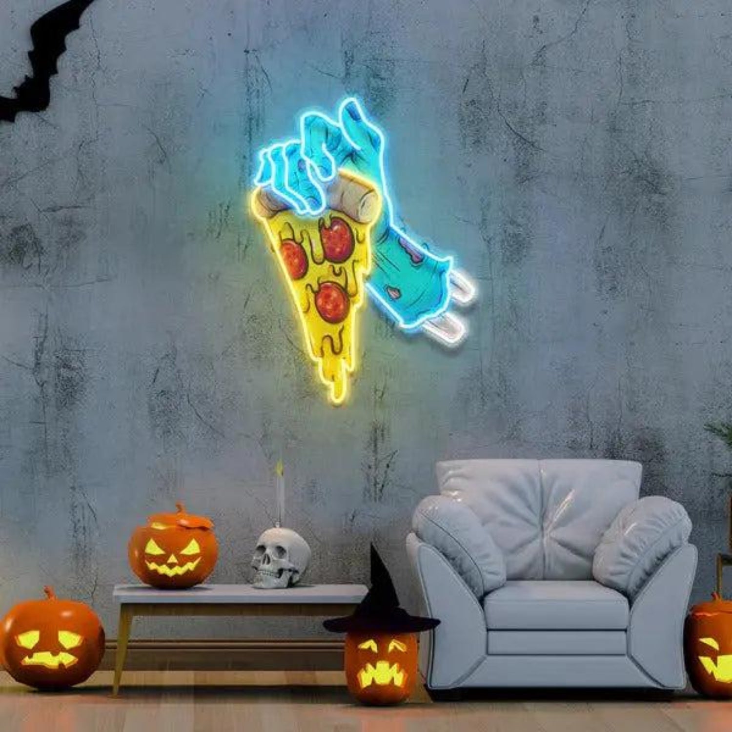 Skull Hand Pizza Led Neon Sign With Teal Yellow Red Cheese Halloween Decor | Shineneon