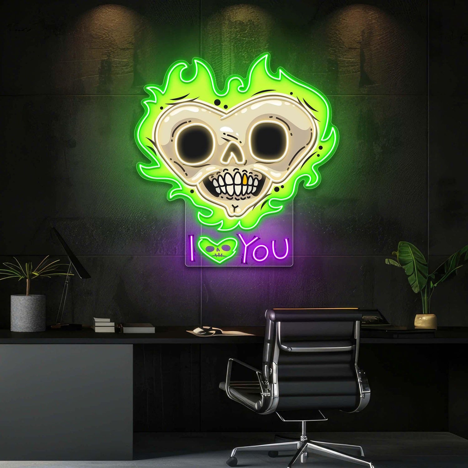 Skull Heart With Flames Dark Romance Uv Printed Led Neon Sign Artwork For Home Decor | Shineneon