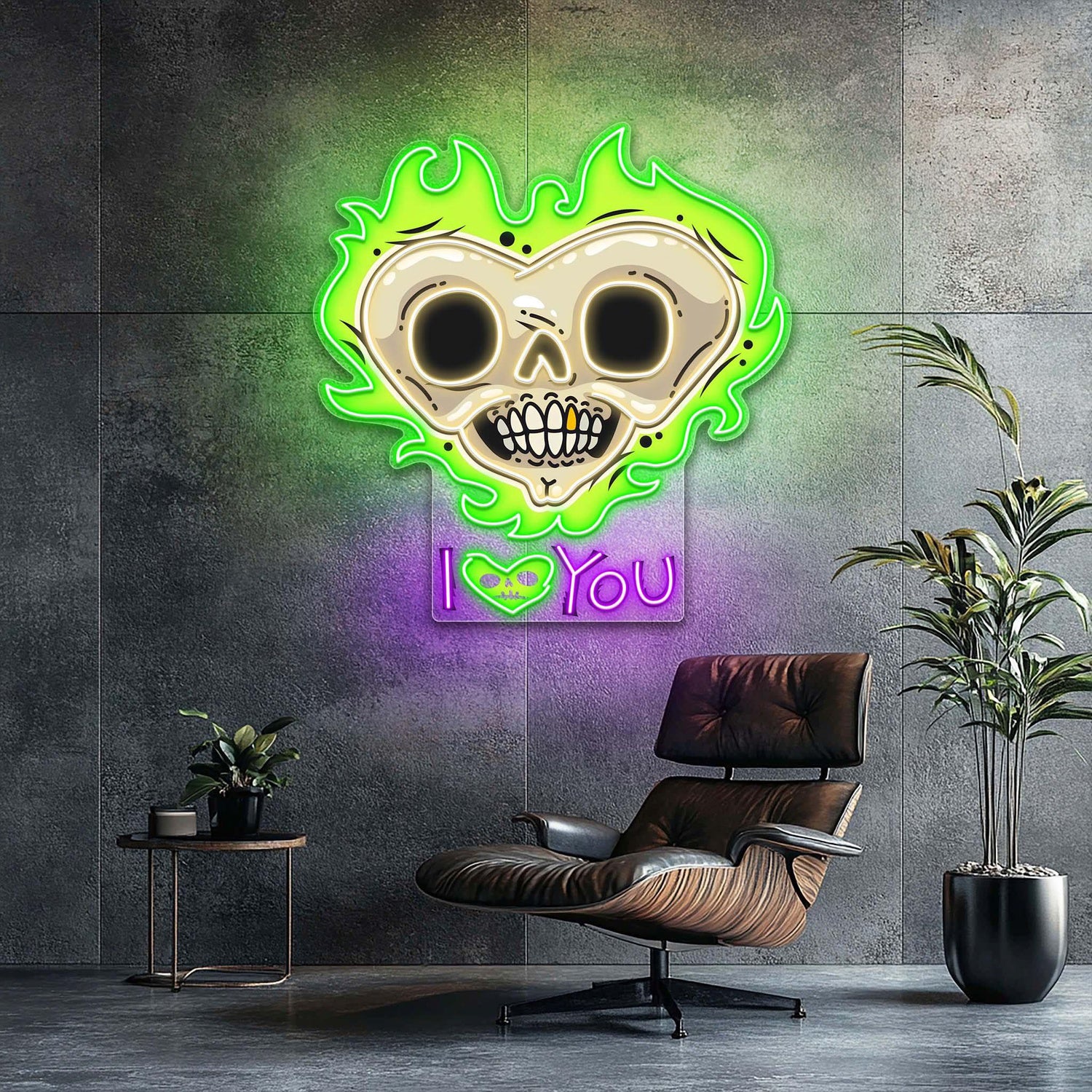 Skull Heart With Flames Dark Romance Uv Printed Led Neon Sign Artwork For Home Decor | Shineneon