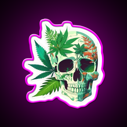 Skull Hemp Inspired Green Leaf Led Neon Sign Rgb Color - Neon sign mounted on wall in room