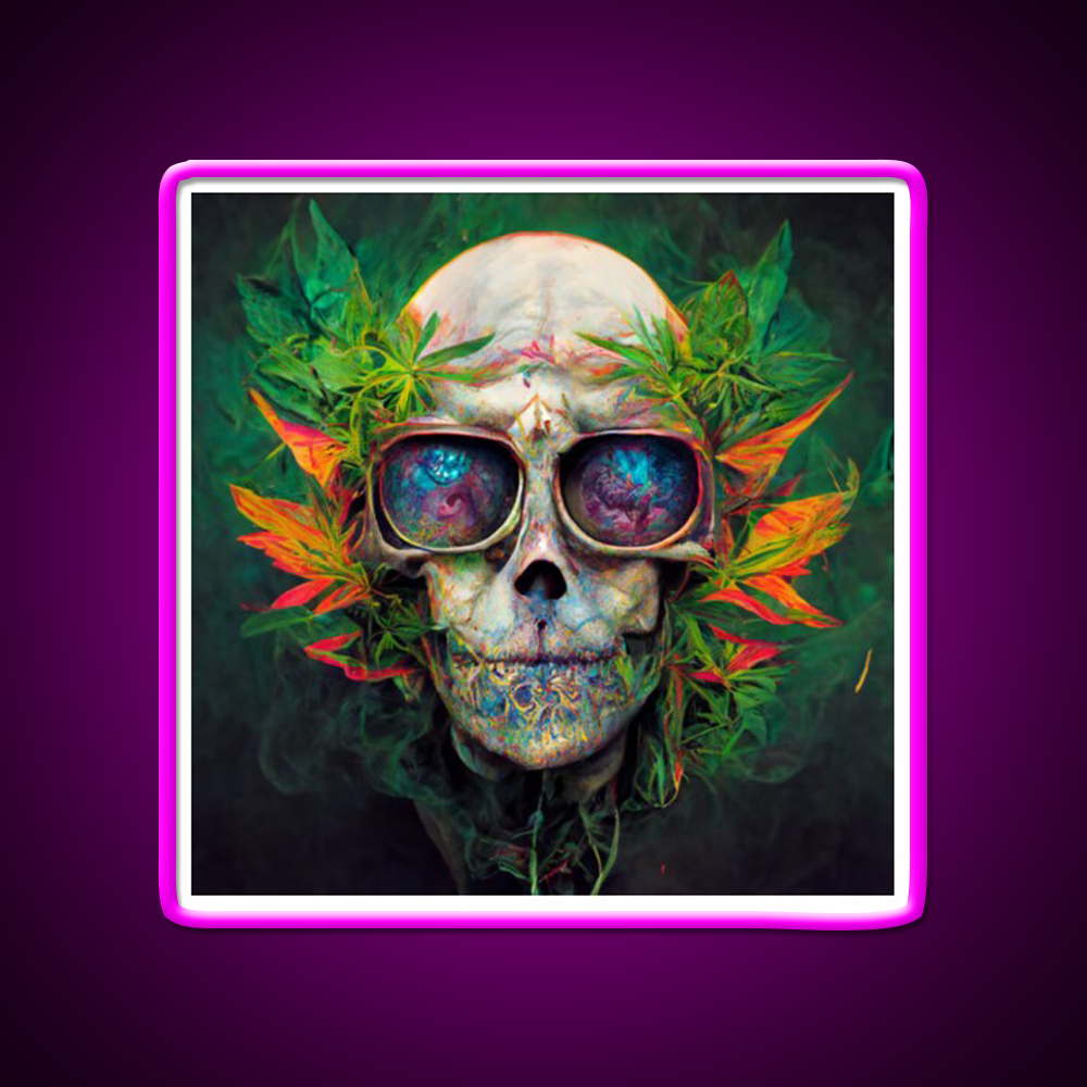Skull Hemp Inspired Green Leaf Led Neon Sign Wall Art Rgb Color - Neon sign mounted on wall in room