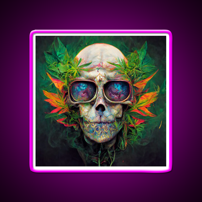 Skull Hemp Inspired Green Leaf Led Neon Sign Wall Art Rgb Color - Neon sign mounted on wall in room