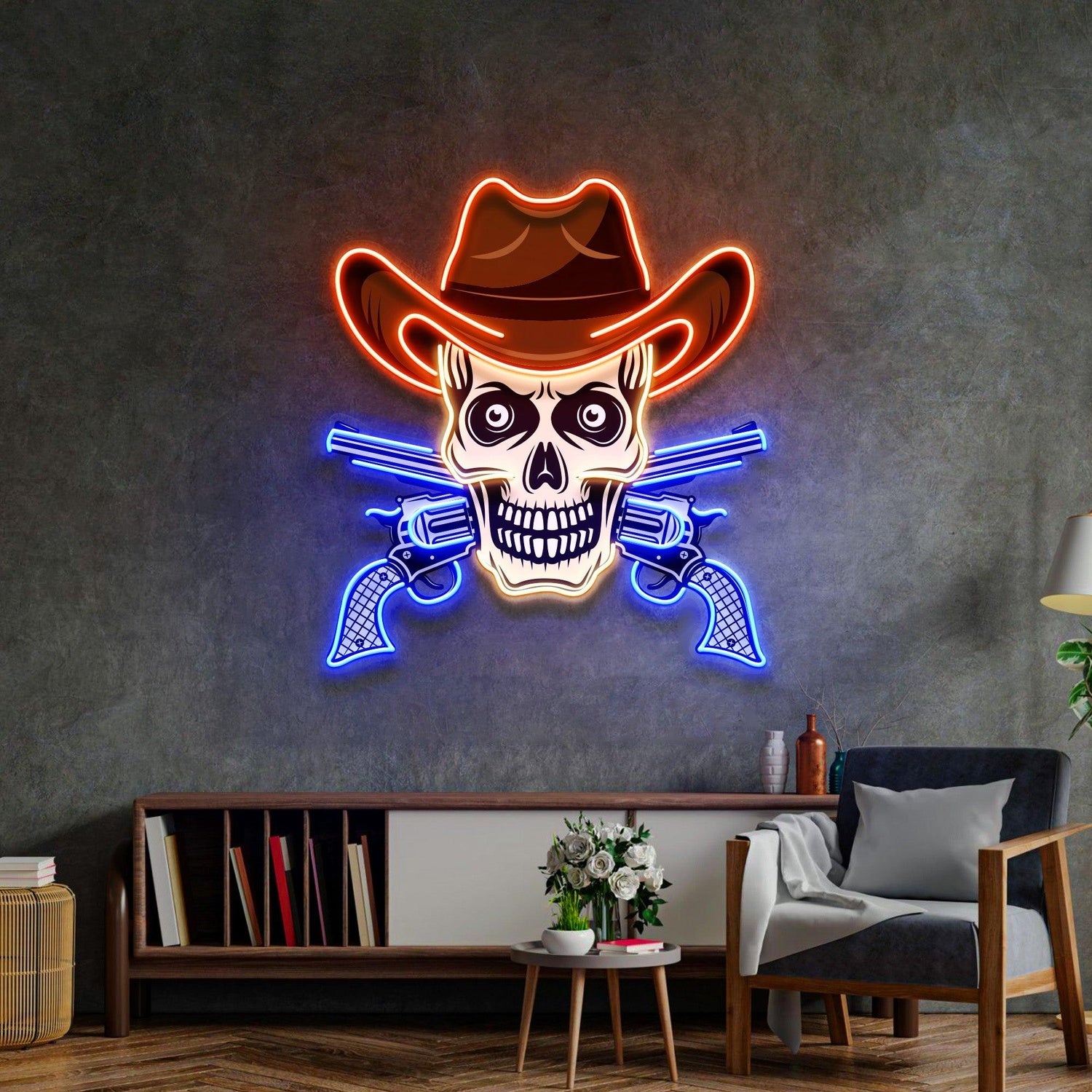 Skull in cowboy hat UV printed LED neon sign
