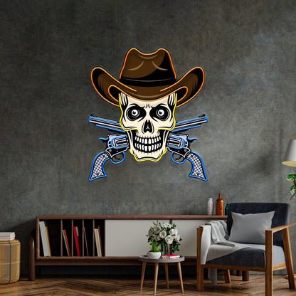 Skull In Cowboy Hat With Crossed Pistols Tri-Color Uv Printed Led Neon Sign Western Decor | Shineneon