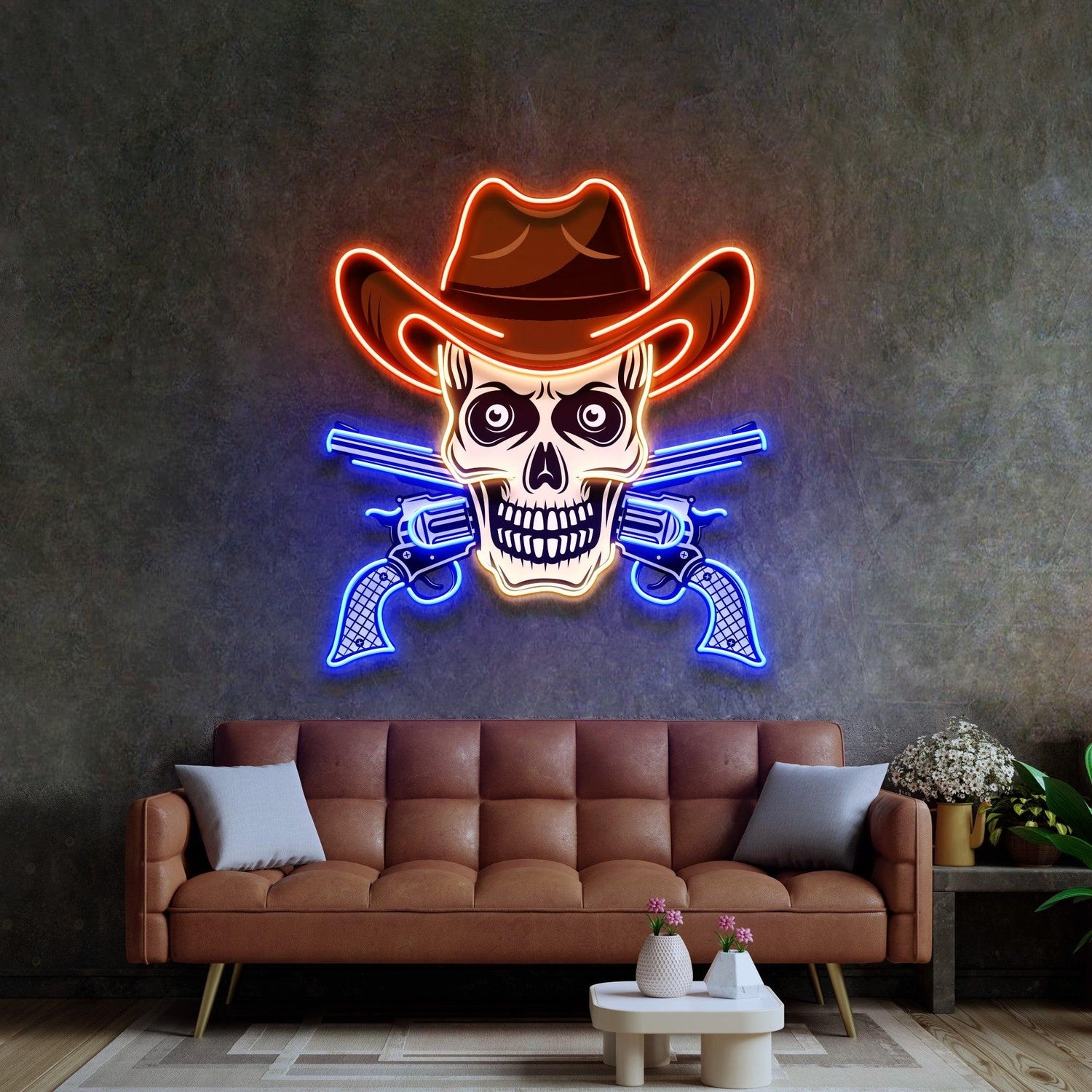 Skull In Cowboy Hat With Crossed Pistols Tri-Color Uv Printed Led Neon Sign Western Decor | Shineneon