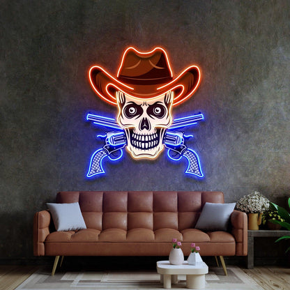 Skull In Cowboy Hat With Crossed Pistols Tri-Color Uv Printed Led Neon Sign Western Decor | Shineneon