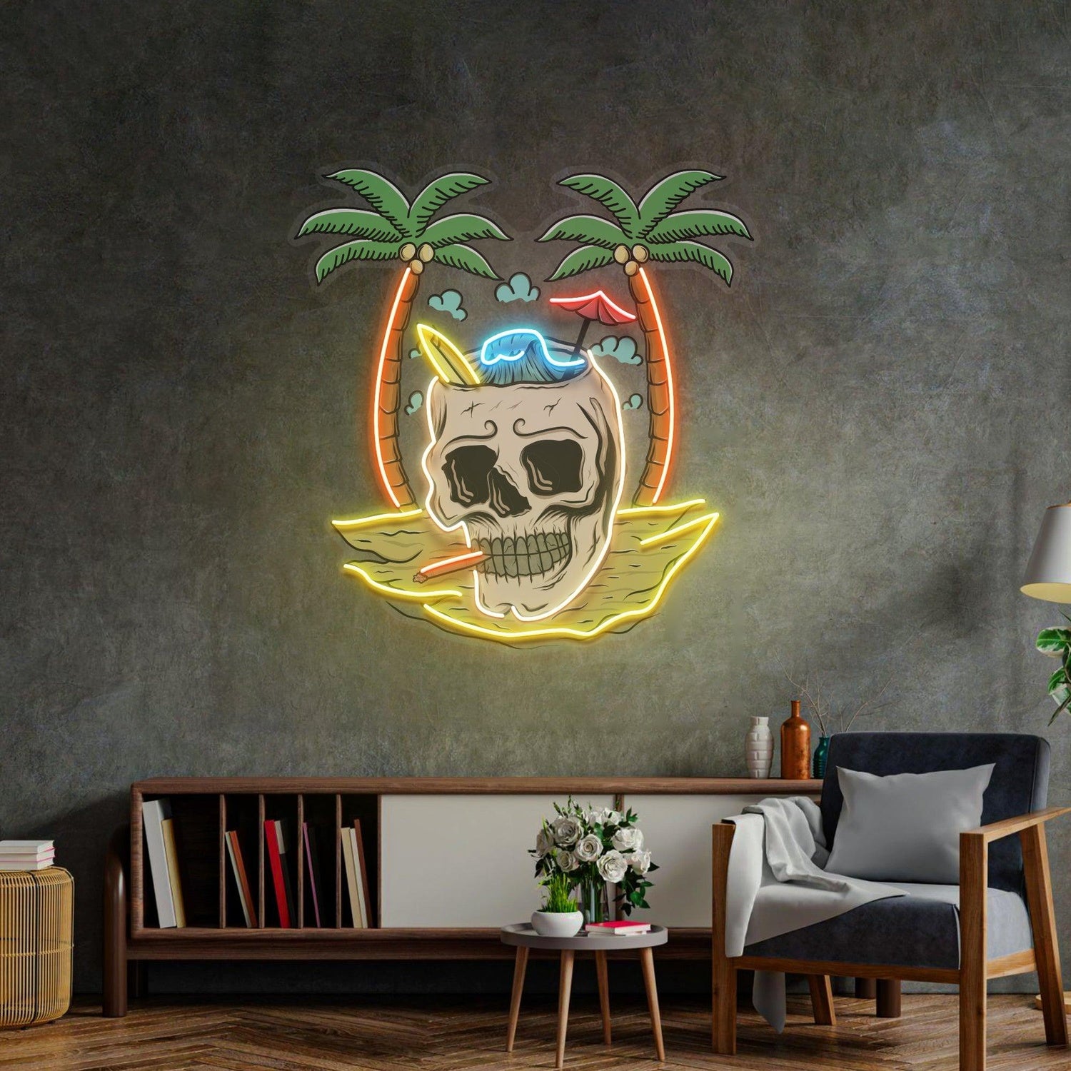 Skull Island Surf Palm Tropical Uv Printed Led Neon Sign | Shineneon