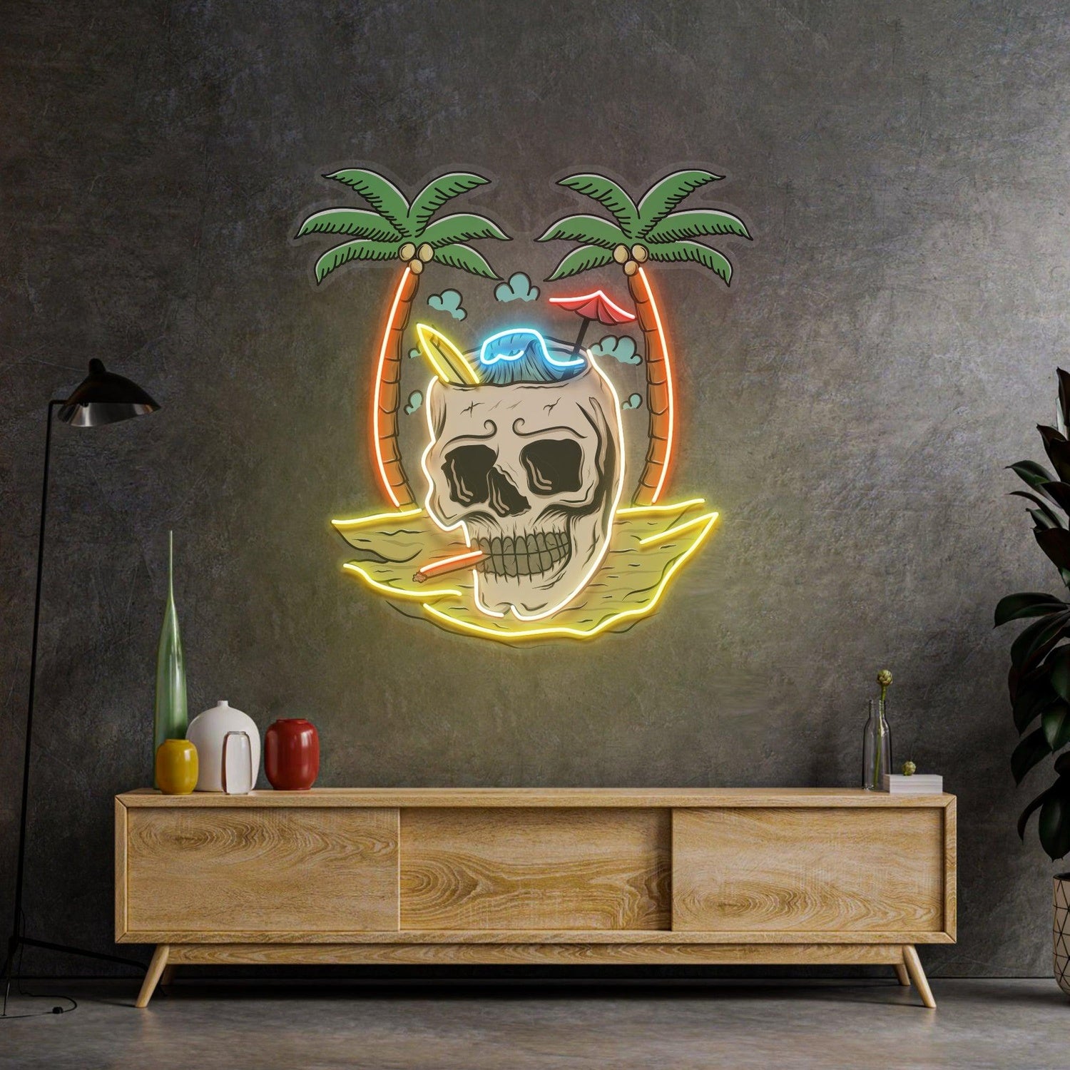 Skull Island Surf Palm Tropical Uv Printed Led Neon Sign | Shineneon