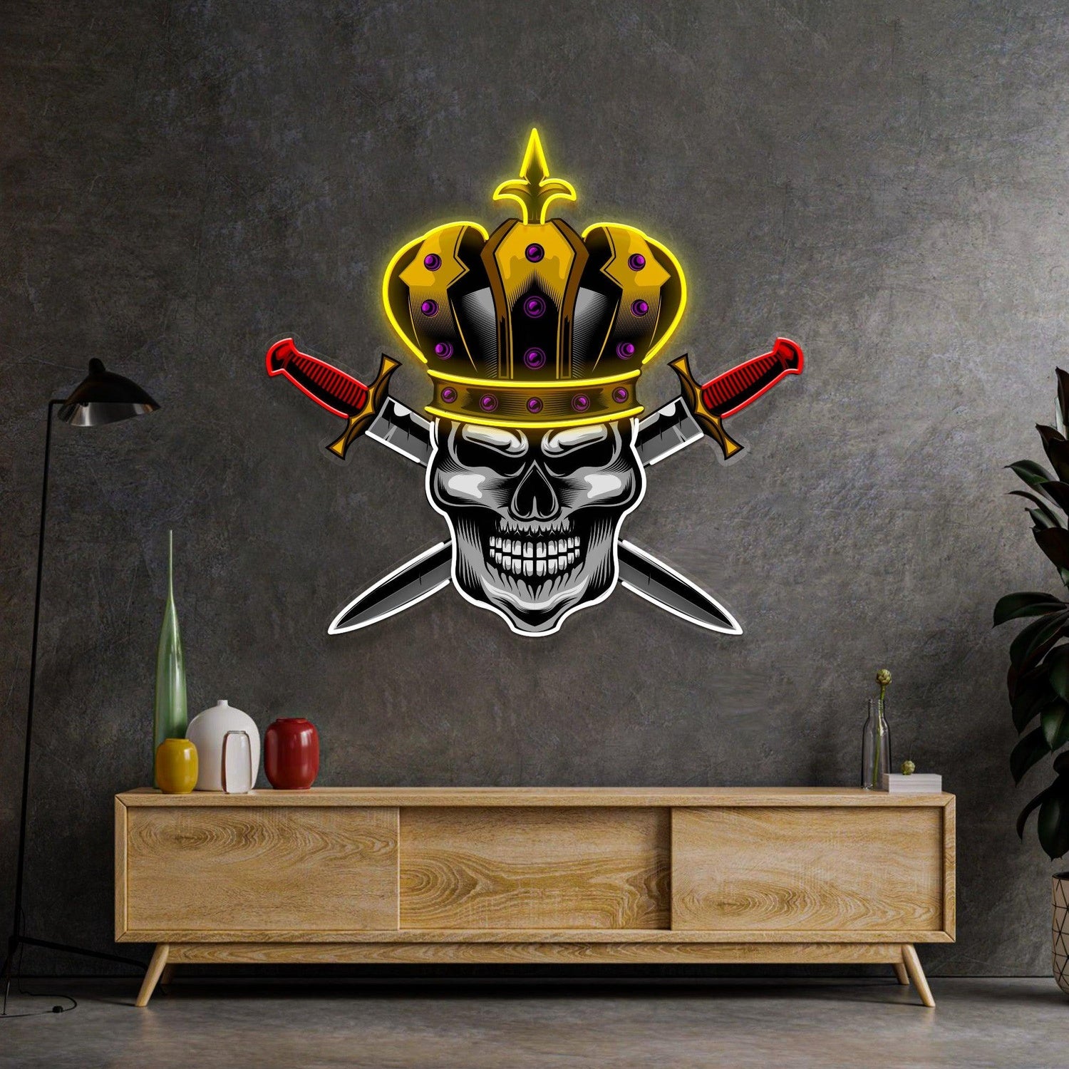 Skull King Crown Crossed Swords Uv Printed Led Neon Sign For Punk Indoor Decor | Shineneon