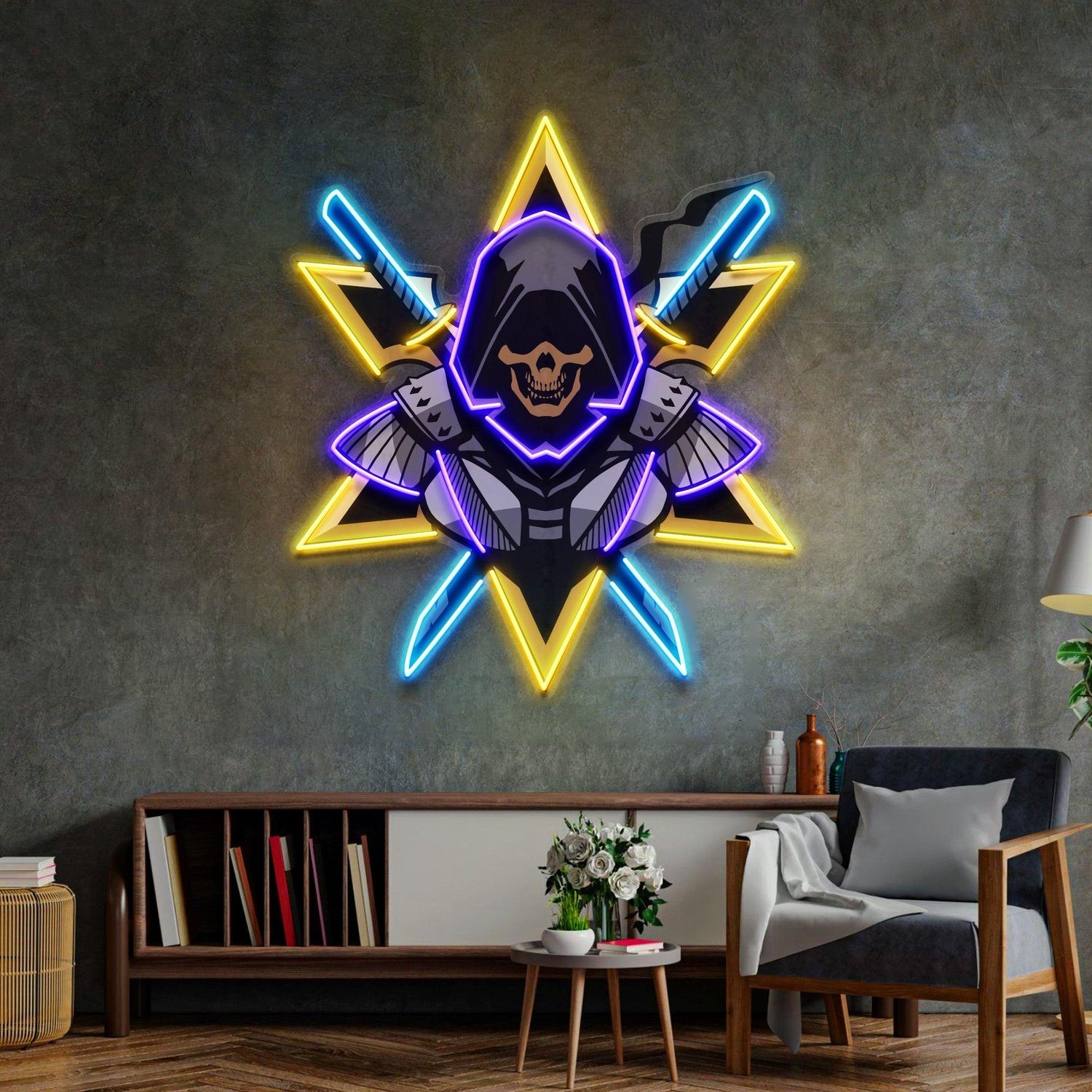 Skull Ninja Crossed Swords Star Pattern Uv Printed Led Neon Sign Indoor Wall Decor | Shineneon
