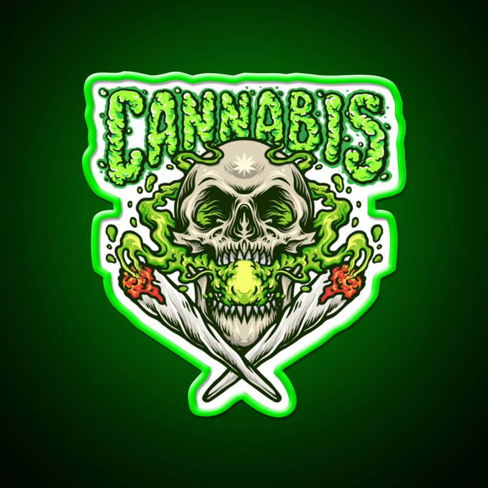 Skull Smokingweed Illustration Hemp Inspired Green Leaf Led Neon Sign Rgb Color