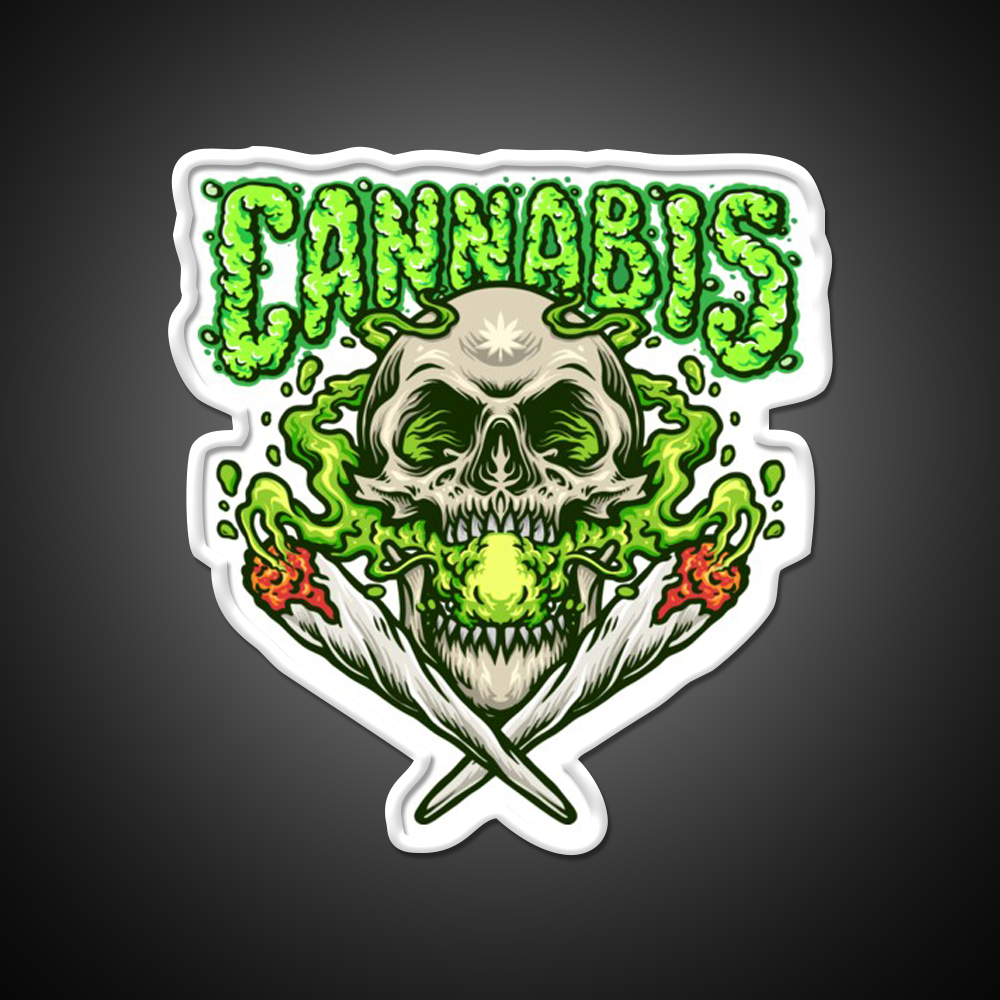 Skull Smokingweed Illustration Hemp Inspired Green Leaf Led Neon Sign Rgb Color
