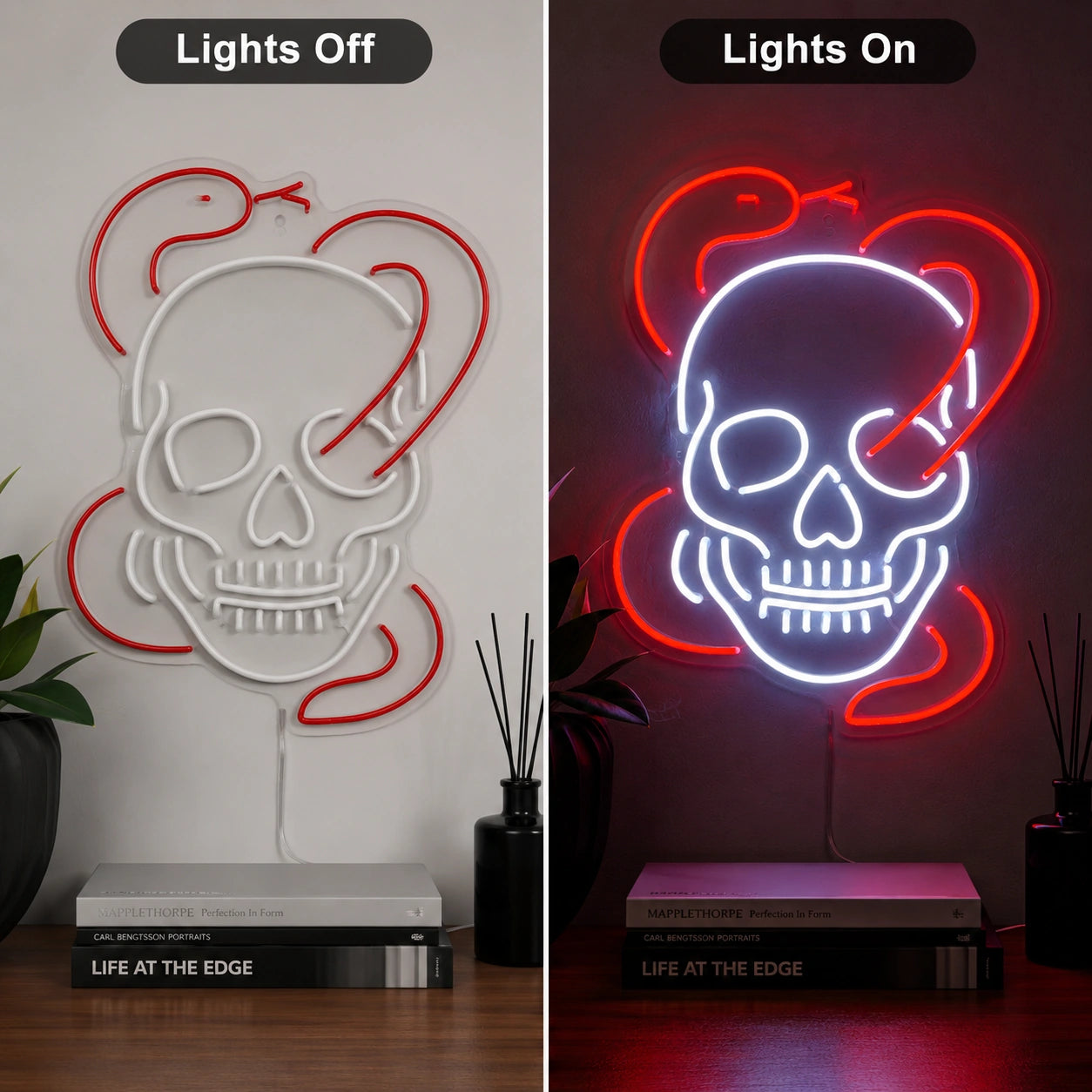 Skull Snake Neon Sign LED Neon Sign day and night comparison