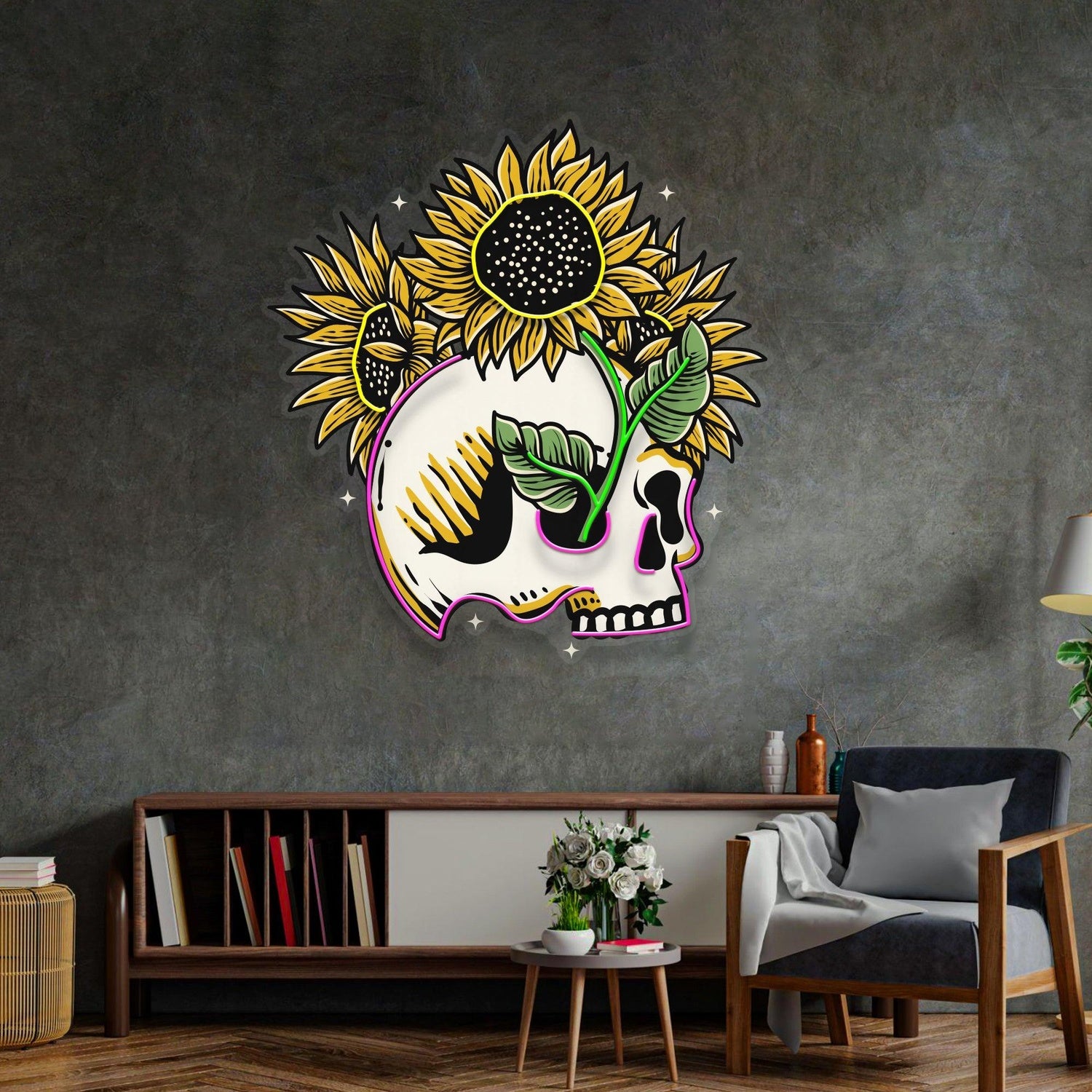 Skull Sun Flowers Multicolor Uv Printed Led Neon Sign For Bohemian Home Bar Decor | Shineneon