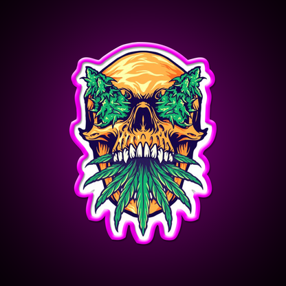 Skull Weed Hemp Inspired Green Leaf Led Neon Sign Rgb Color - Neon sign mounted on wall in room