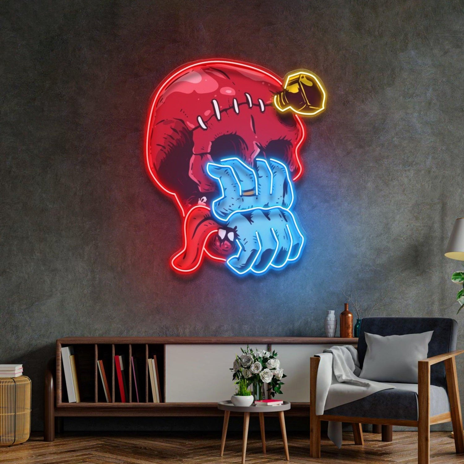 Skull With Blue Hand From Mouth Uv Printed Led Neon Sign For Gothic Bar Decor | Shineneon