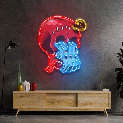 Skull With Blue Hand From Mouth Uv Printed Led Neon Sign For Gothic Bar Decor | Shineneon