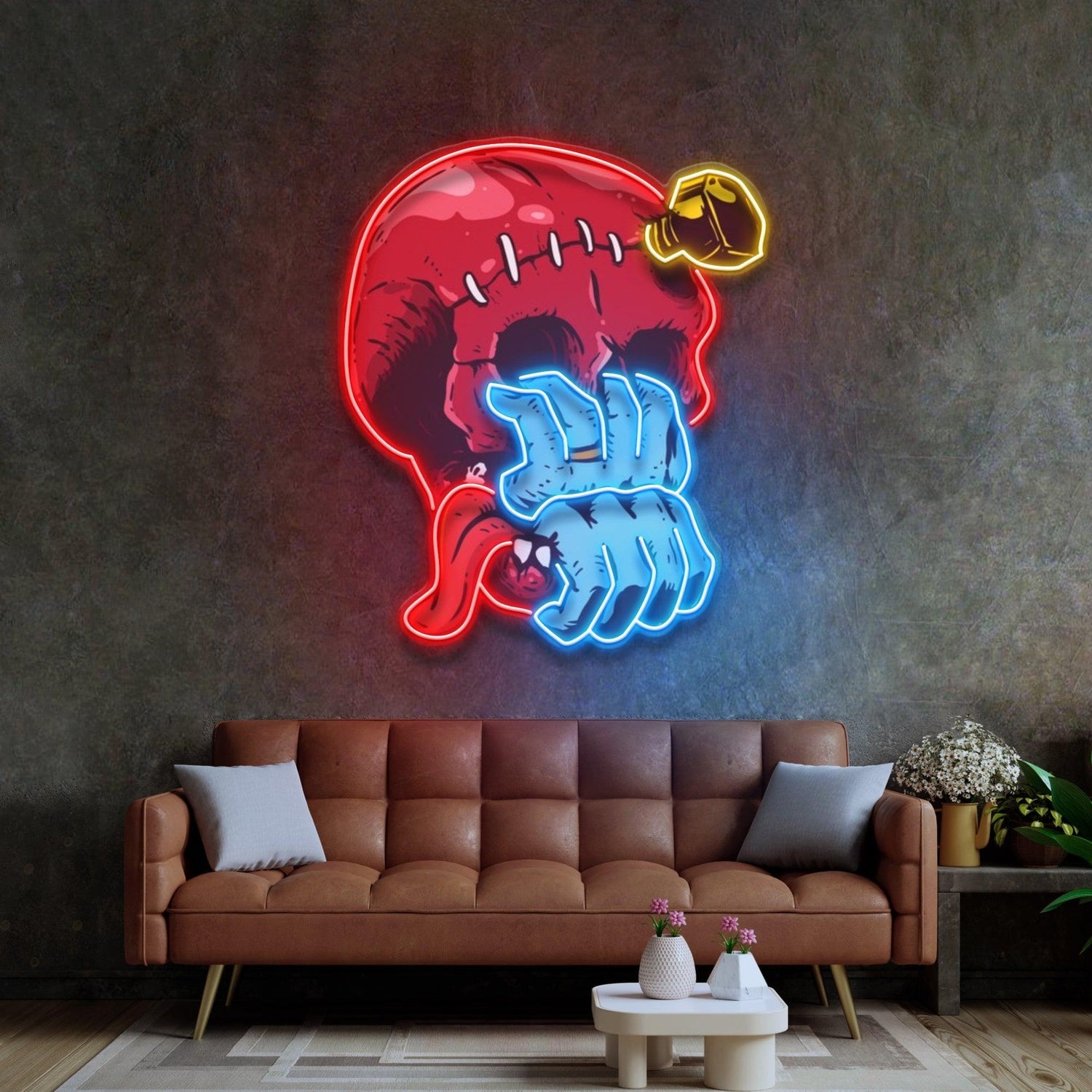 Skull With Blue Hand From Mouth Uv Printed Led Neon Sign For Gothic Bar Decor | Shineneon